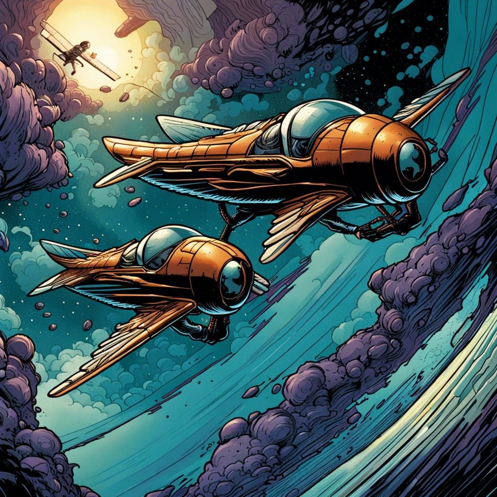 Dynamic Flight Scene in Comic Book Art Style