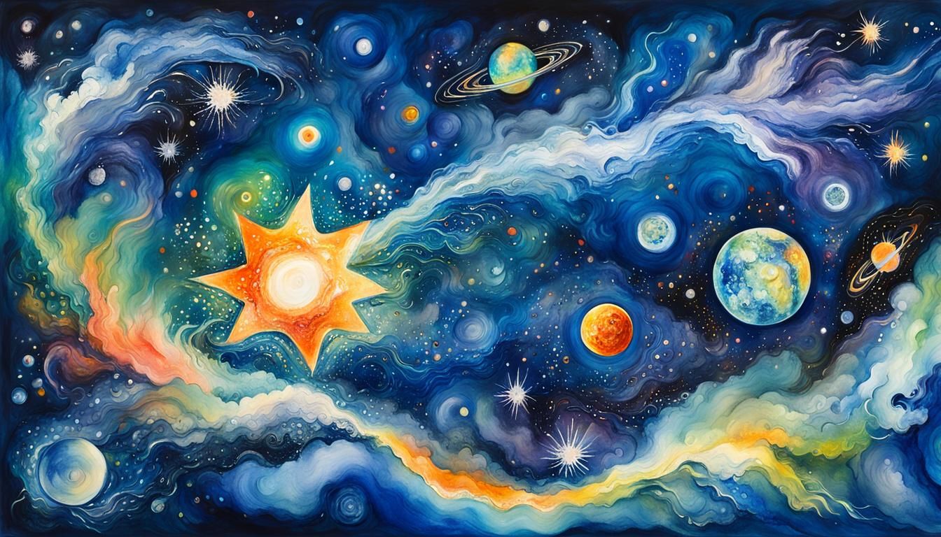 Electromagnetic Fields Around Blue Star in Impressionist Sty...