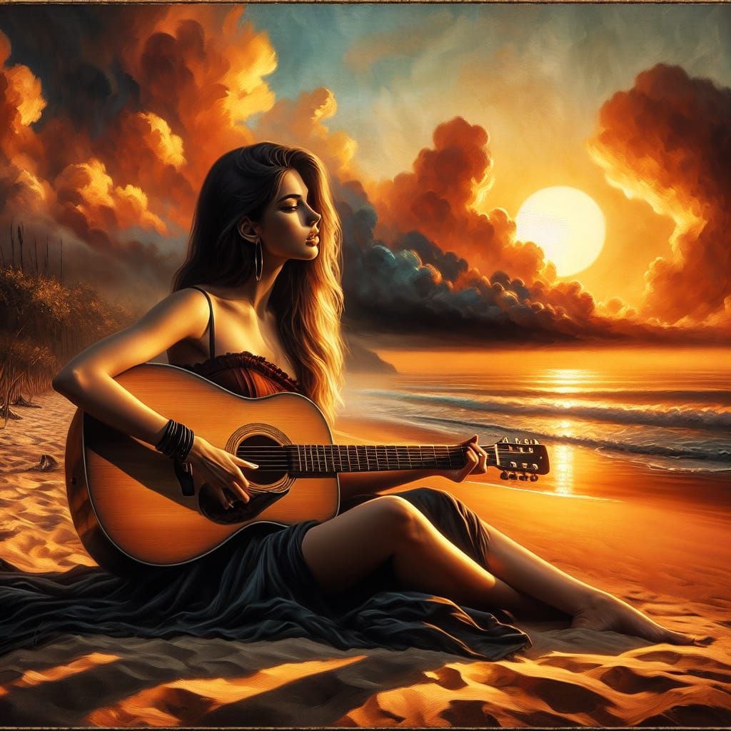 Woman Playing Guitar at Sunrise, Impressionist Style