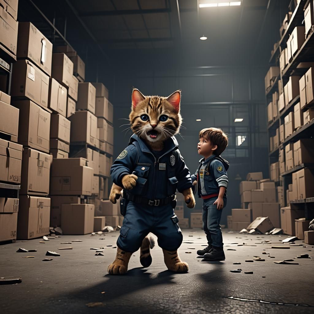 Dramatic Warehouse Scene: Cat Snatching in 3D