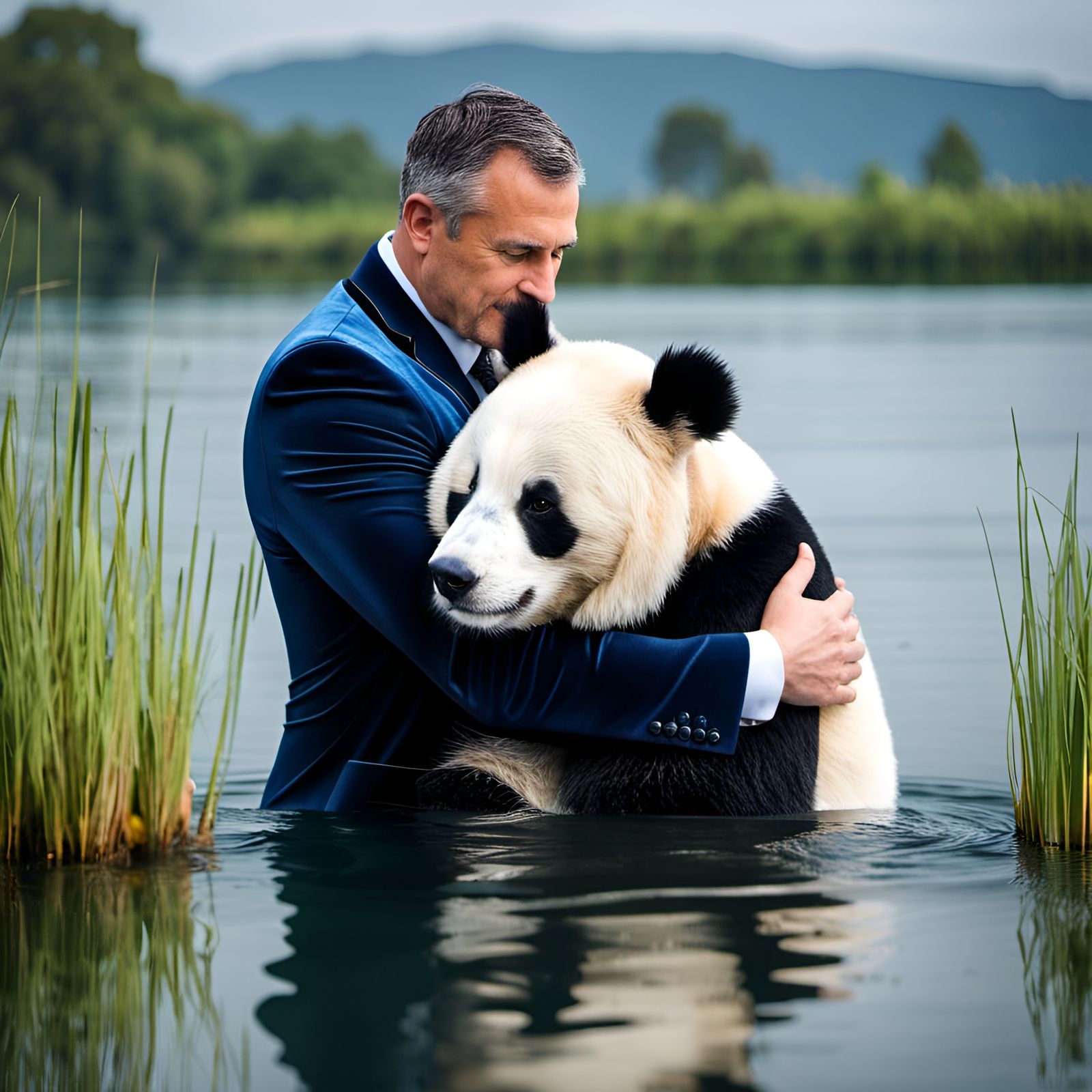Man in Velvet Suit Hugging Panda in Pond