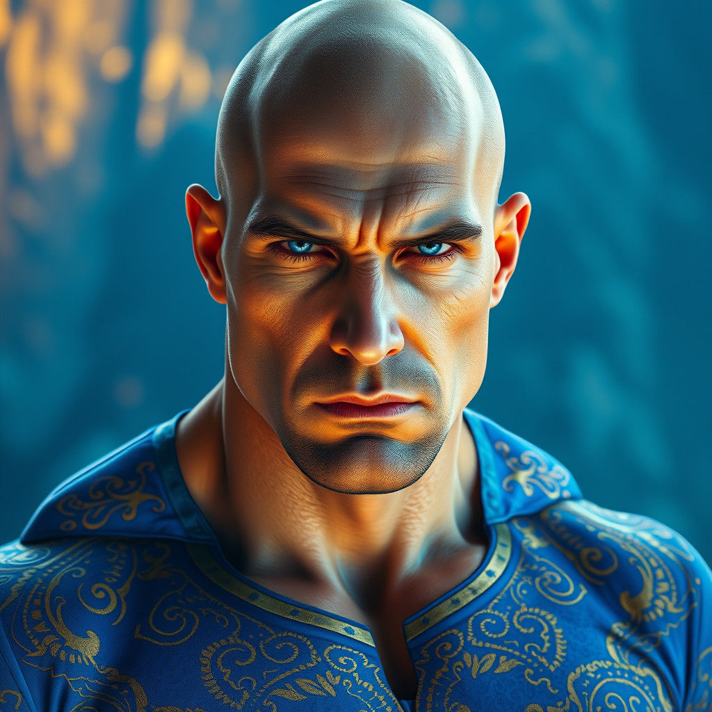 Intense Bald Man with Blue Eyes in Digital Art Style