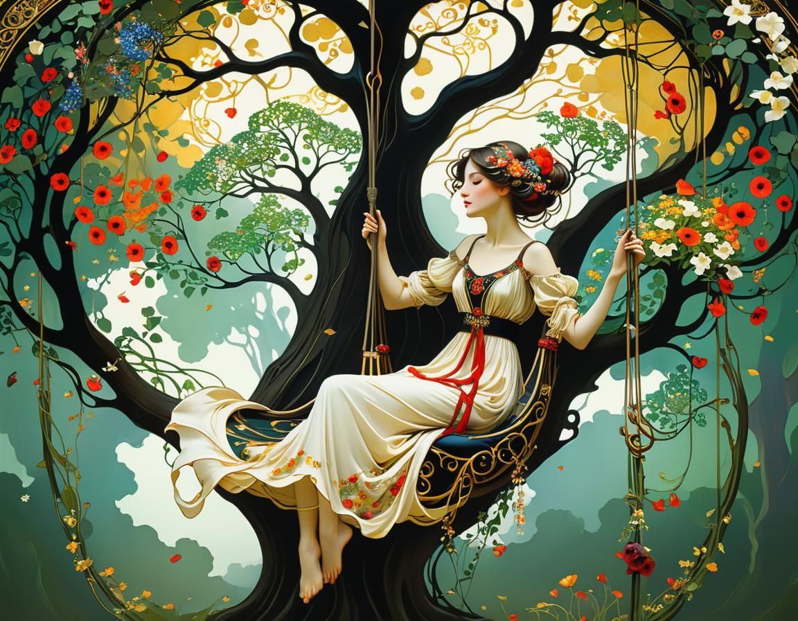 Elegant Art Nouveau Woman on Floral Swing