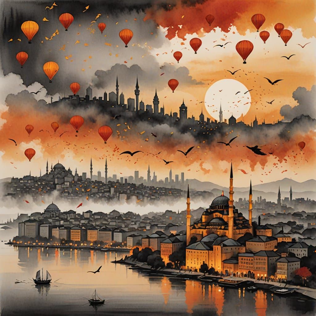 Japanese Sumi-e-Inspired Istanbul Sunset with Floating Kites