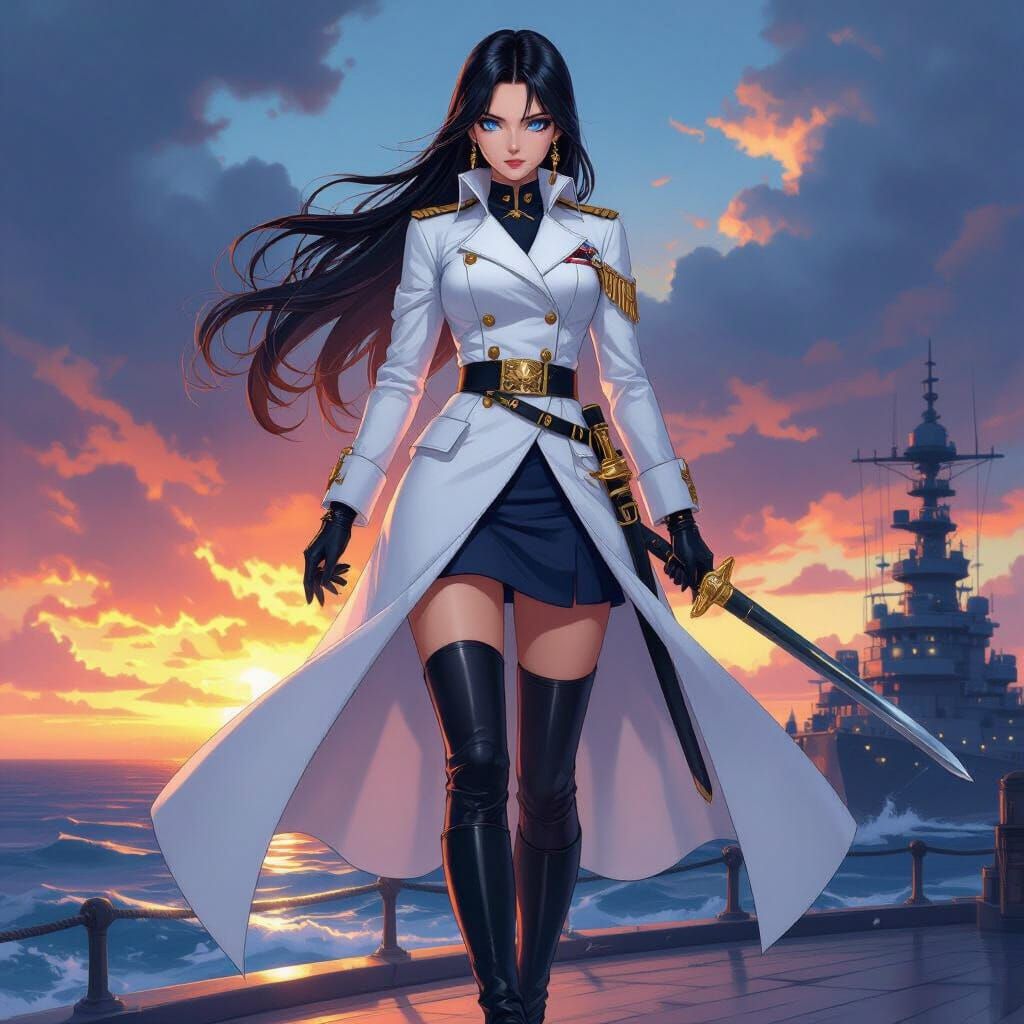 Anime Female Admiral in White Navy Uniform