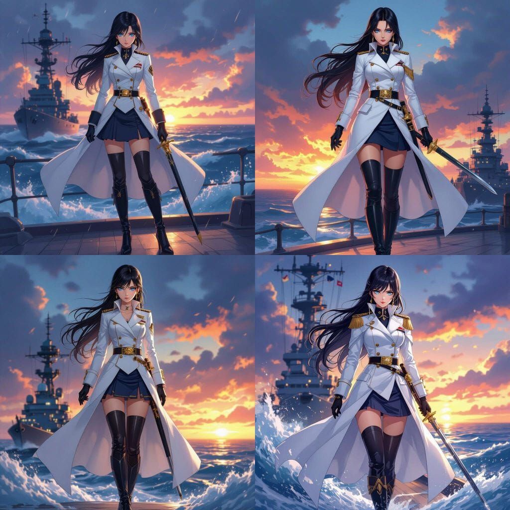 Anime Female Admiral in White Navy Uniform with Sword