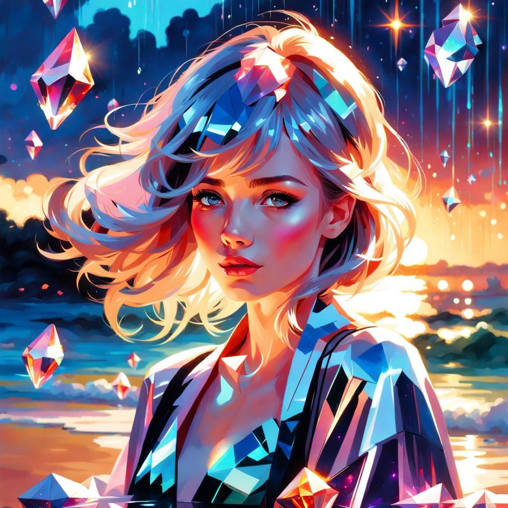 Crystal Rain at Sunset Beach, Digital Painting