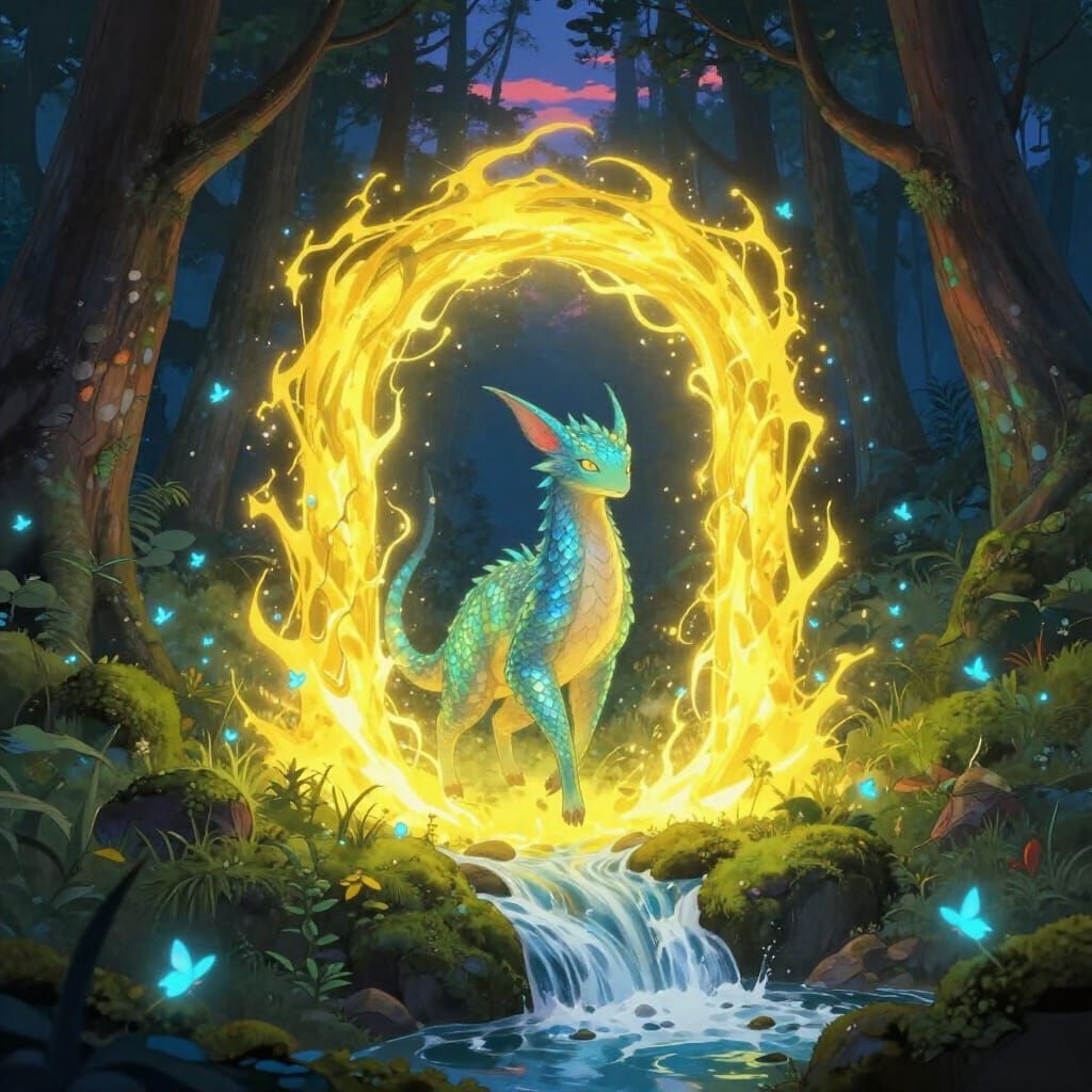 Mystical Creature Emerges from Glowing Portal to Waterfall