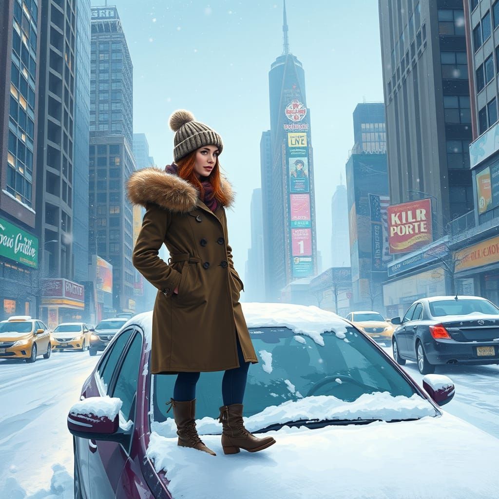 Winter Cityscape Digital Painting of Woman on Car