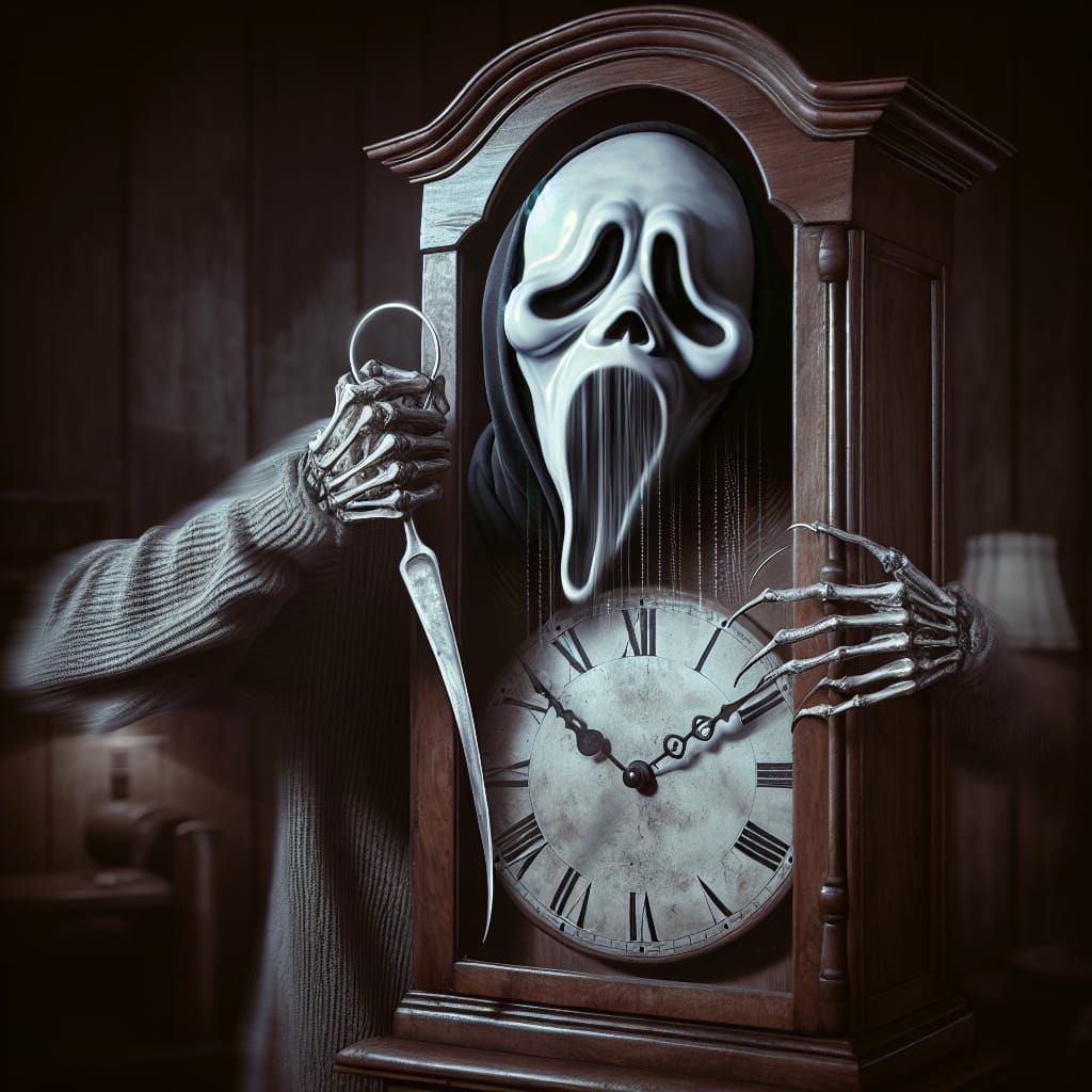 Michael Myers fused with a towering, antique grandfather clock.