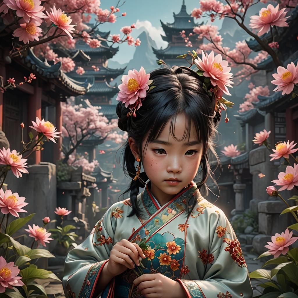 Chinese Toddler with Flower: Detailed Matte Painting