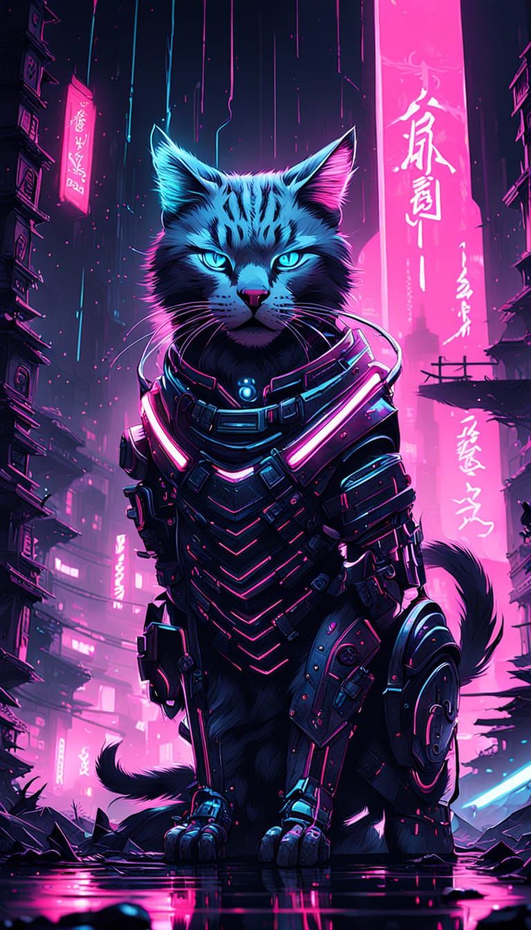 Cyberpunk Samurai Cat Defies the Rain in a Futuristic Japane...