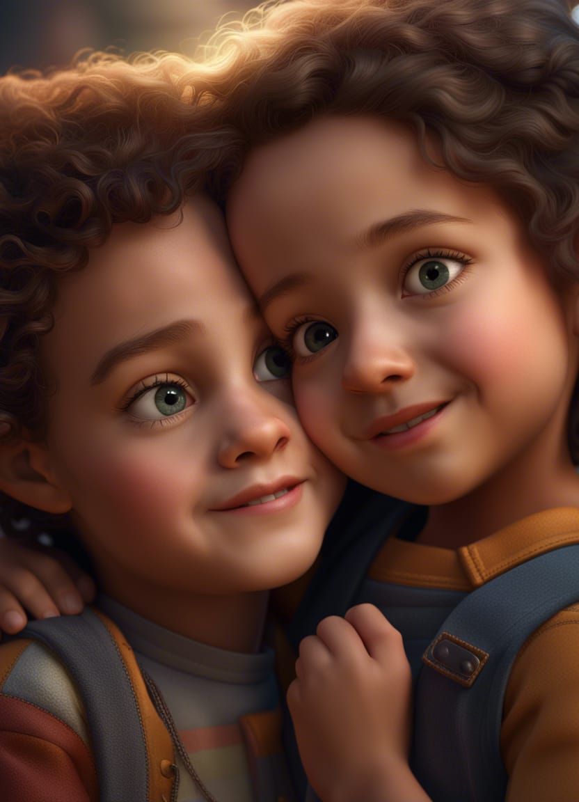 Hugging Preschool Friends in Detailed Digital Painting