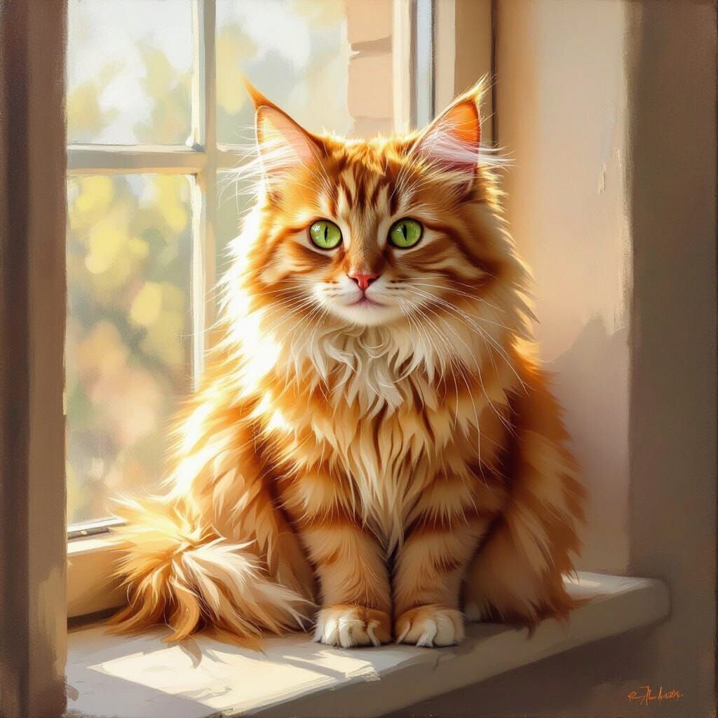 Fluffy Ginger Cat on Sunlit Windowsill Oil Painting