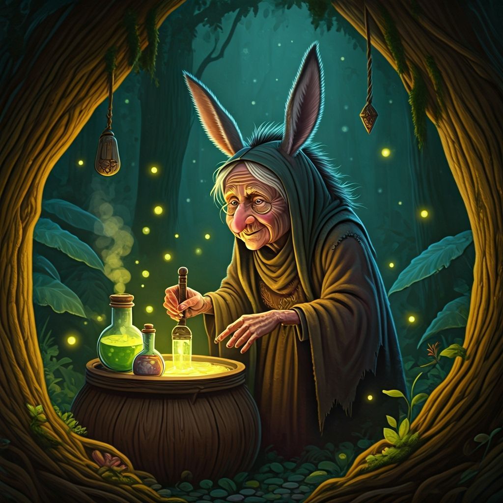 Whimsical Forest Witch Stirring Potions