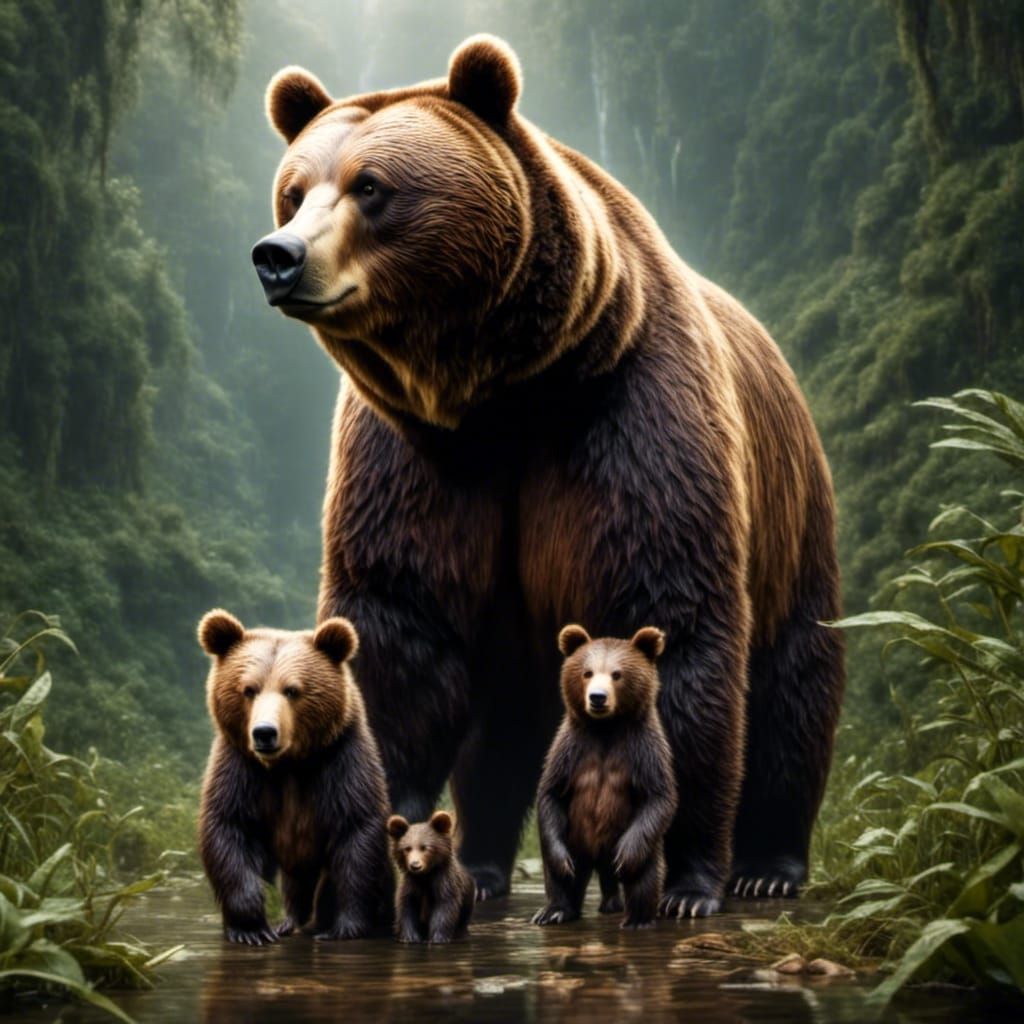 Mother Bear and Cubs Playing: Enhanced Portrait