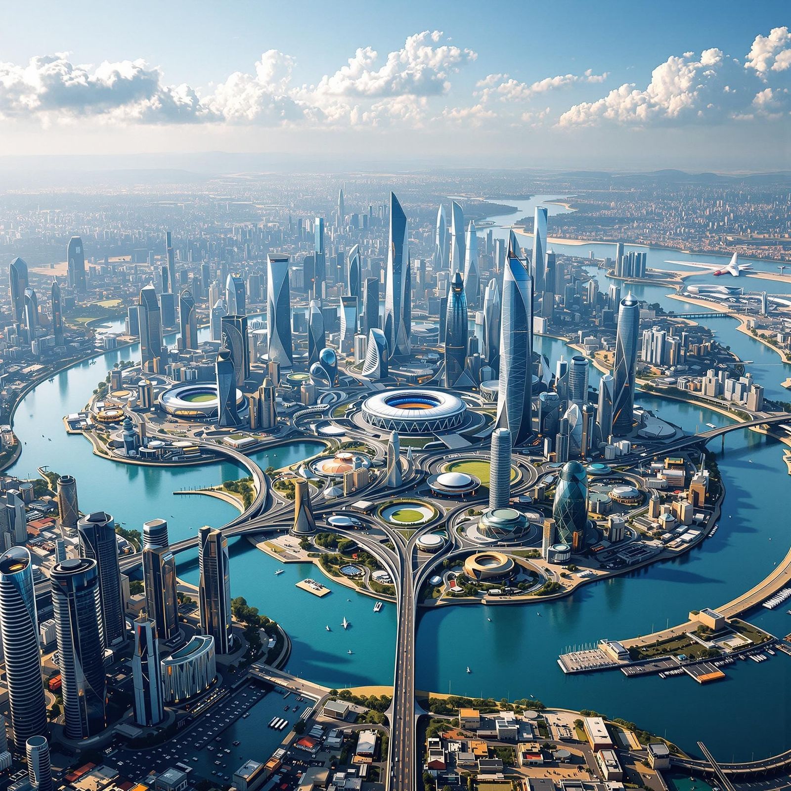 Futuristic Metropolis with Island of Skyscrapers