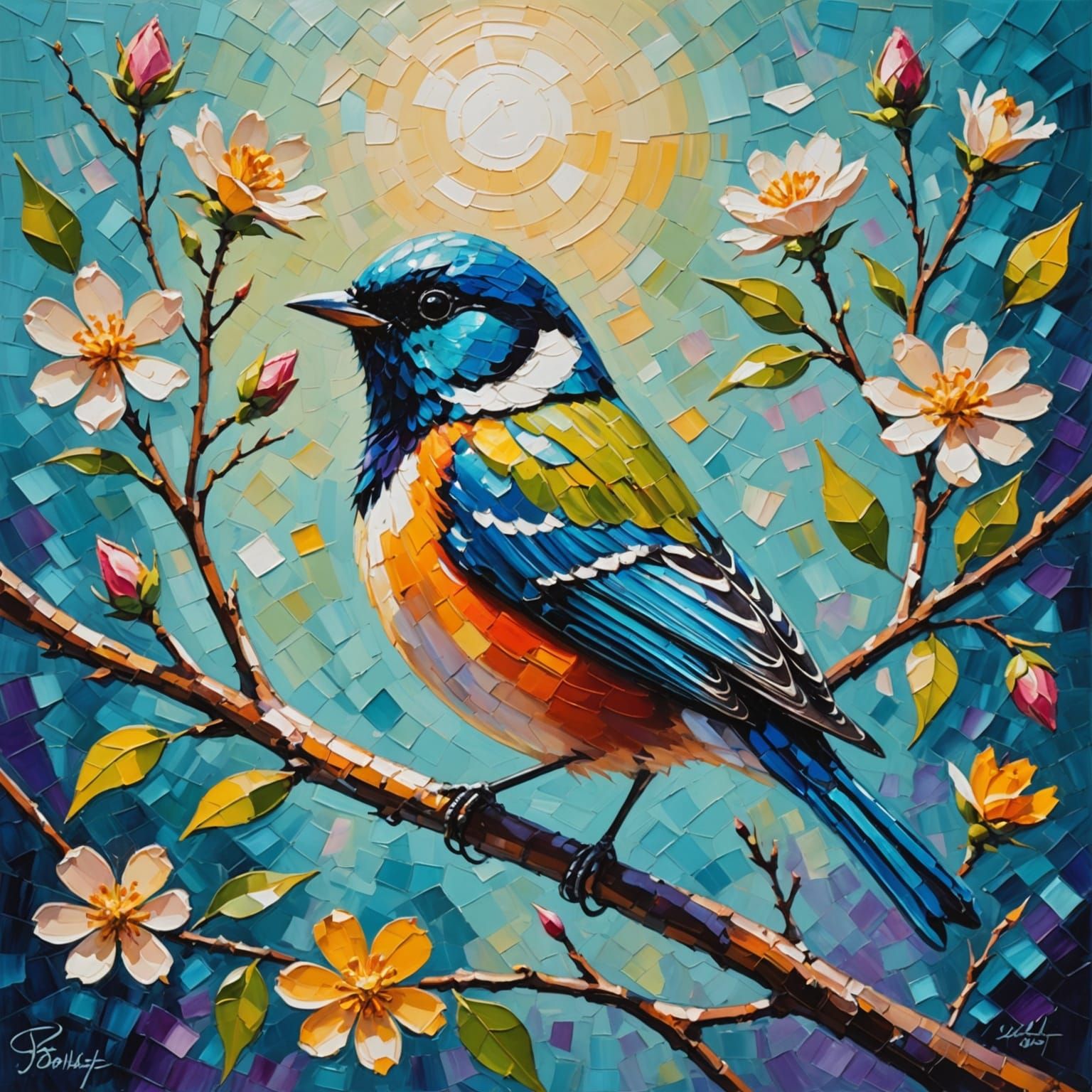 Vibrant Songbird in Neo-Impressionist Oil Painting