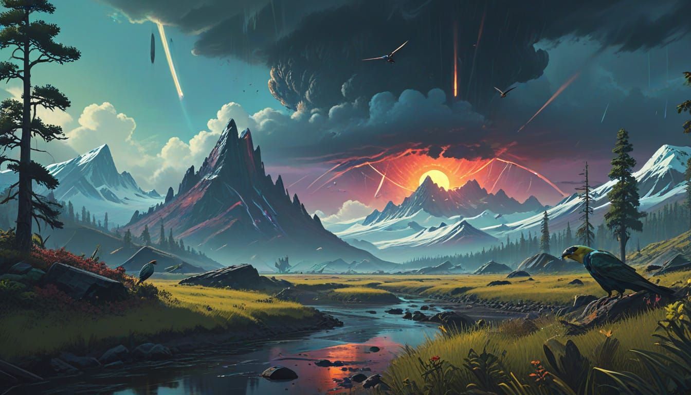 Vibrant Birds Soar Through a Stormy, Majestic Landscape in D...