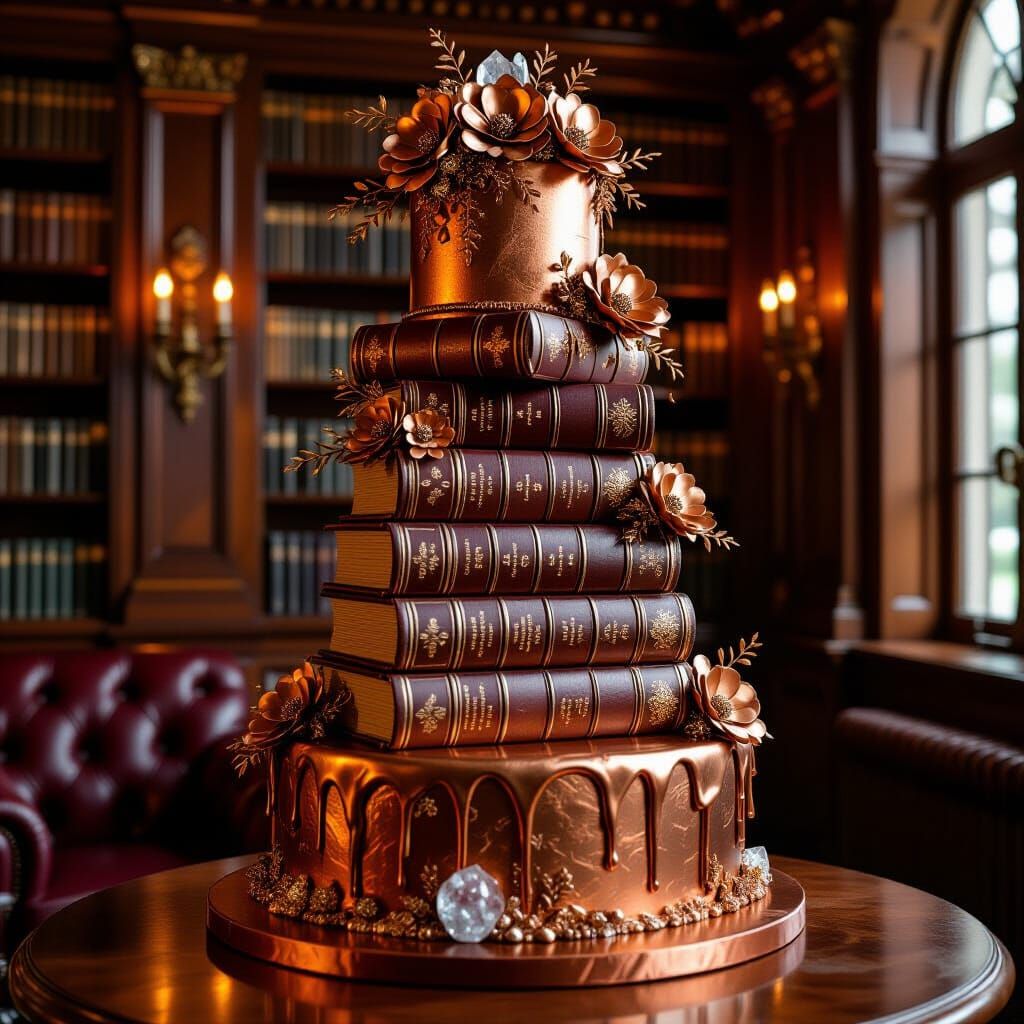 Surreal Book Cake with Copper and Crystals
