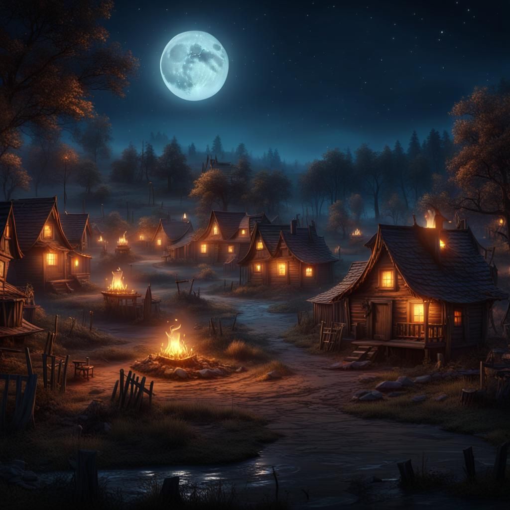 Haunted Village at Night: A Fantastical Matte Painting