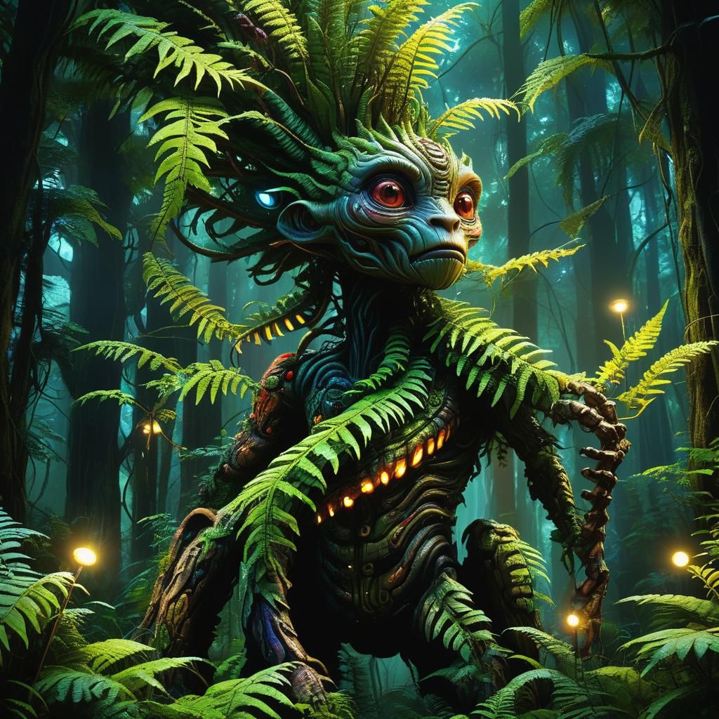 Forest Creature Merging with Biomechanical Fern