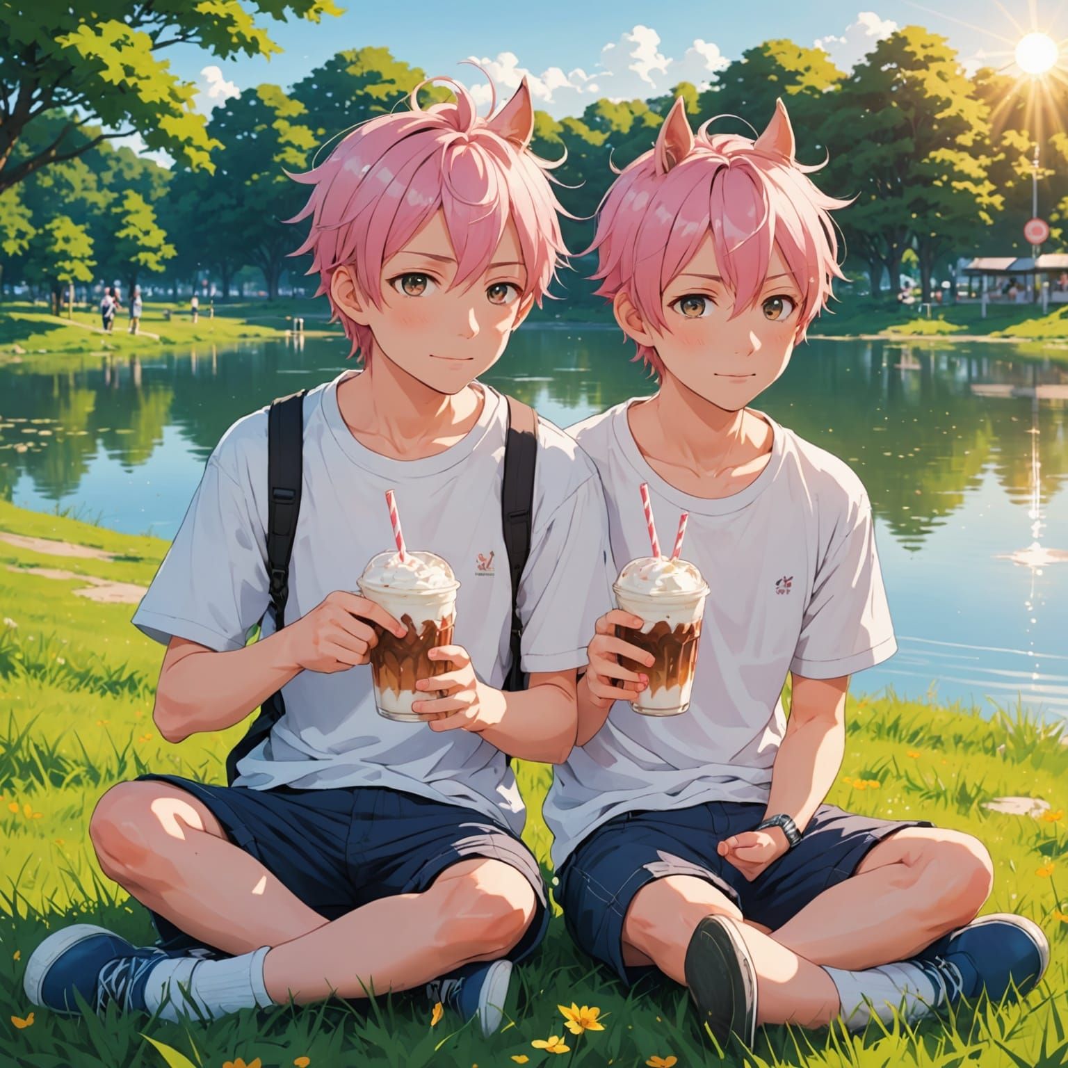 Cute Anime School Boys with Horse Ears Enjoy Morning by the ...