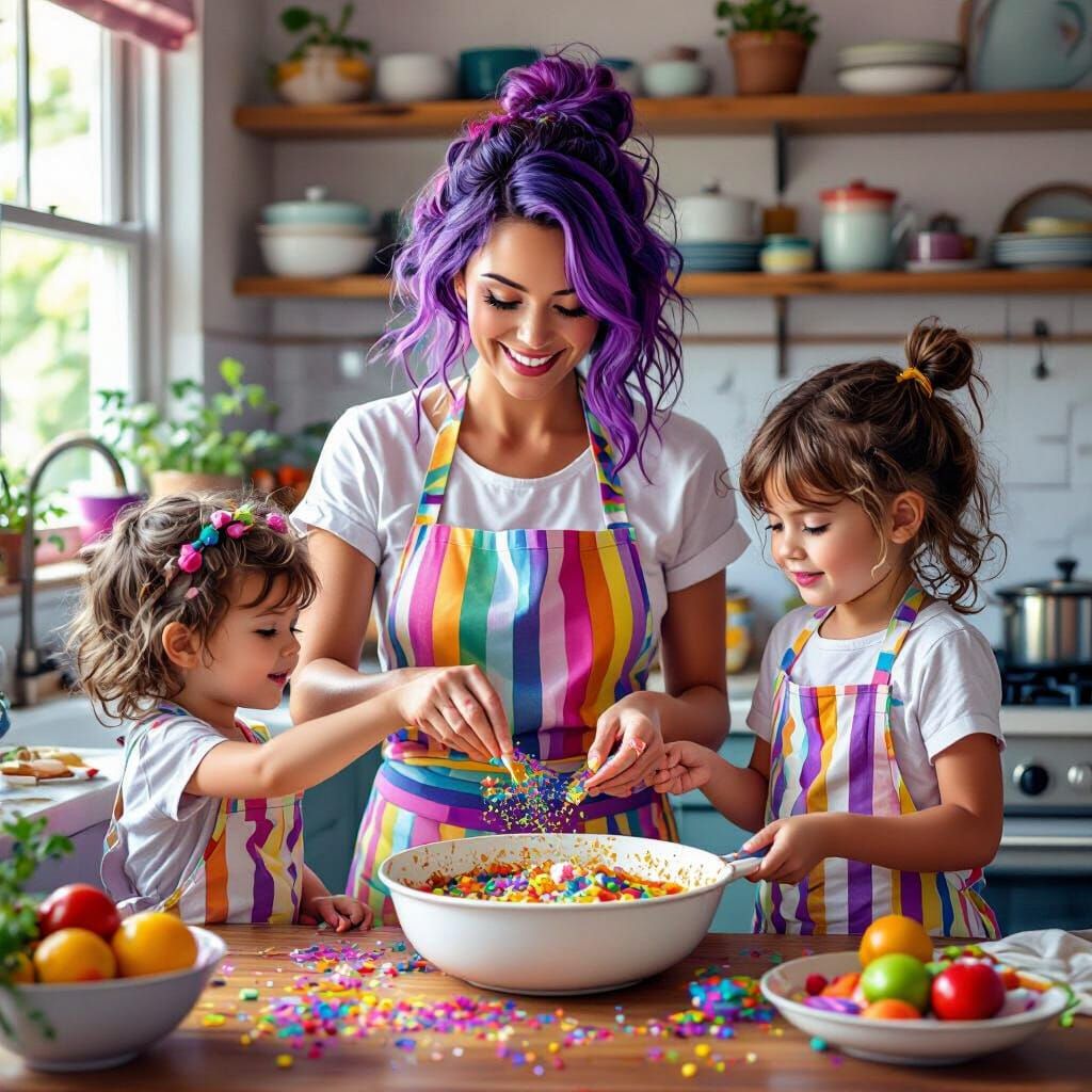 Whimsical Mother Sprinkling Rainbow Glitter in Food