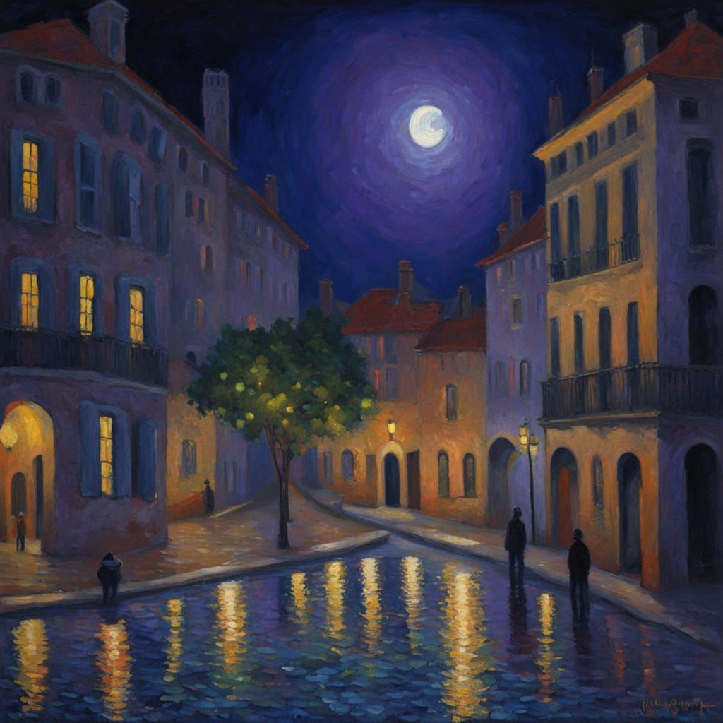 Pointillist Old Town Under Luminescent Moon