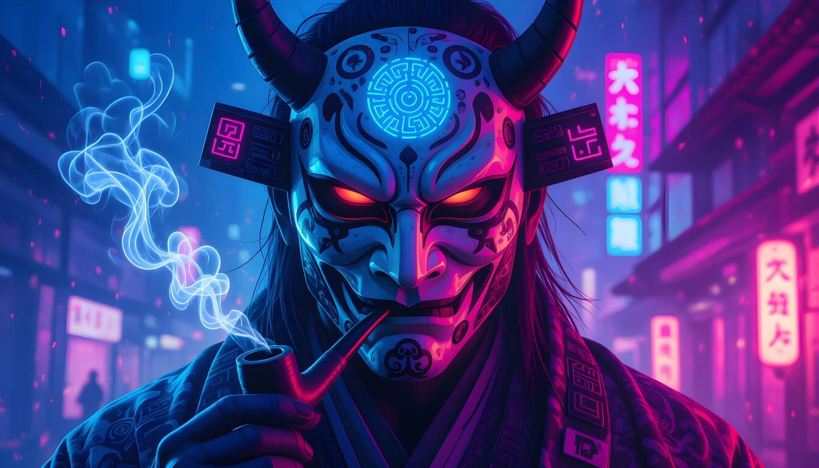 Cyberpunk Japanese Demon Smoking Pipe with Neon Accents