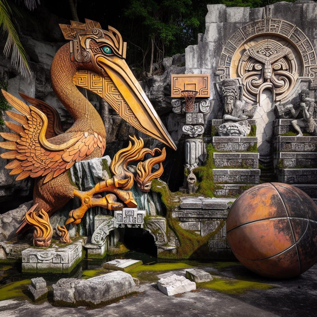 Aztec Pelican Concrete Sculpture with Basketball Hoop