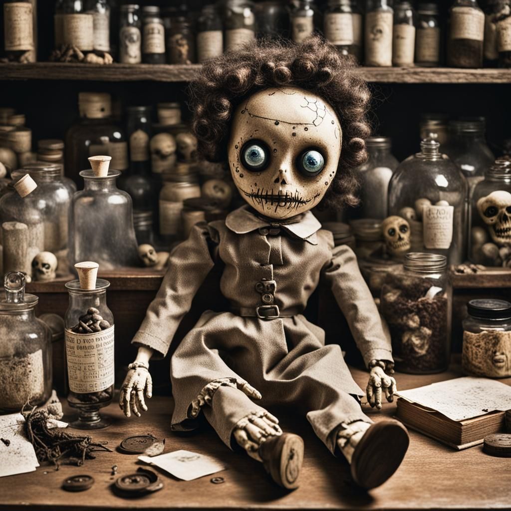 Creepy Voodoo Doll with Googly Eyes in Surrealist Style