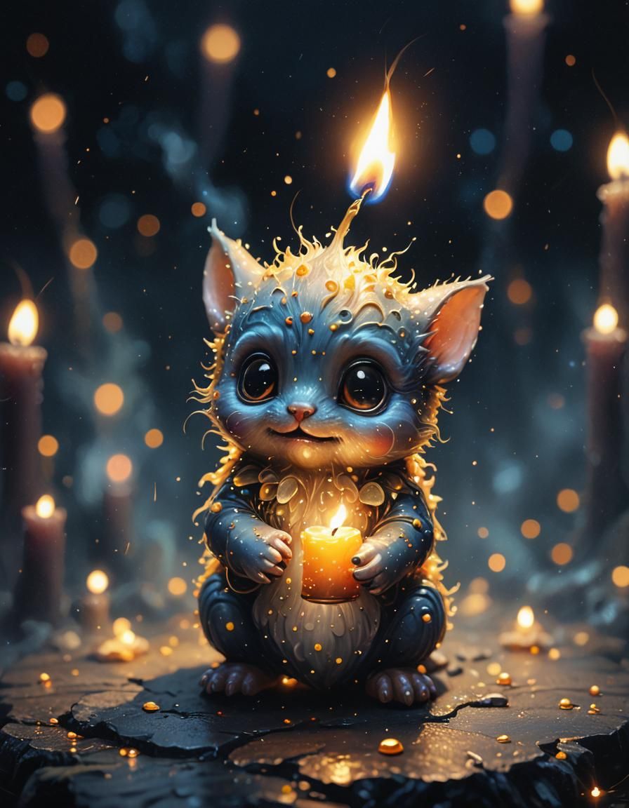 Cute Candle Creature in the Dark: Oil Painting