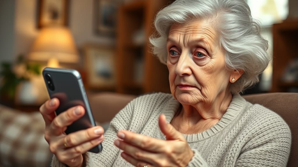 Elderly Woman Reacts to Smartphone in Painterly Realist Styl...