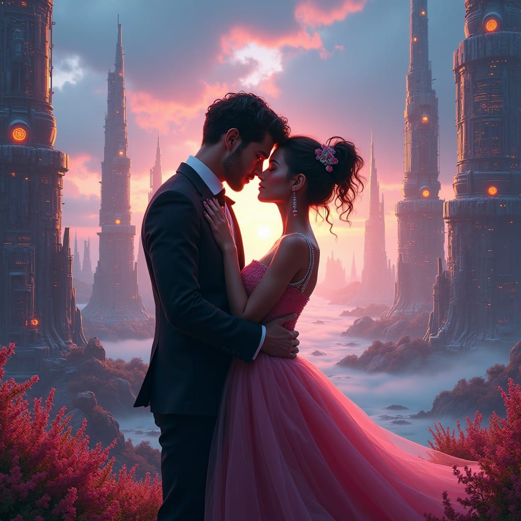 Romantic Couple on Alien Planet in Cyberpunk Cityscape