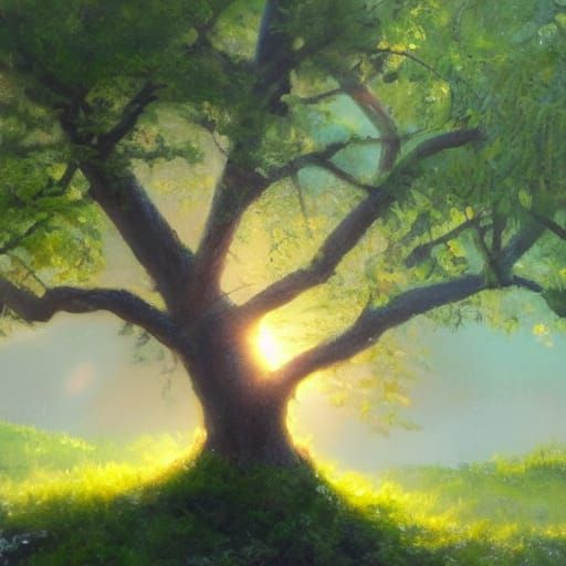 Ancient Tree in Golden Hour Oil Painting