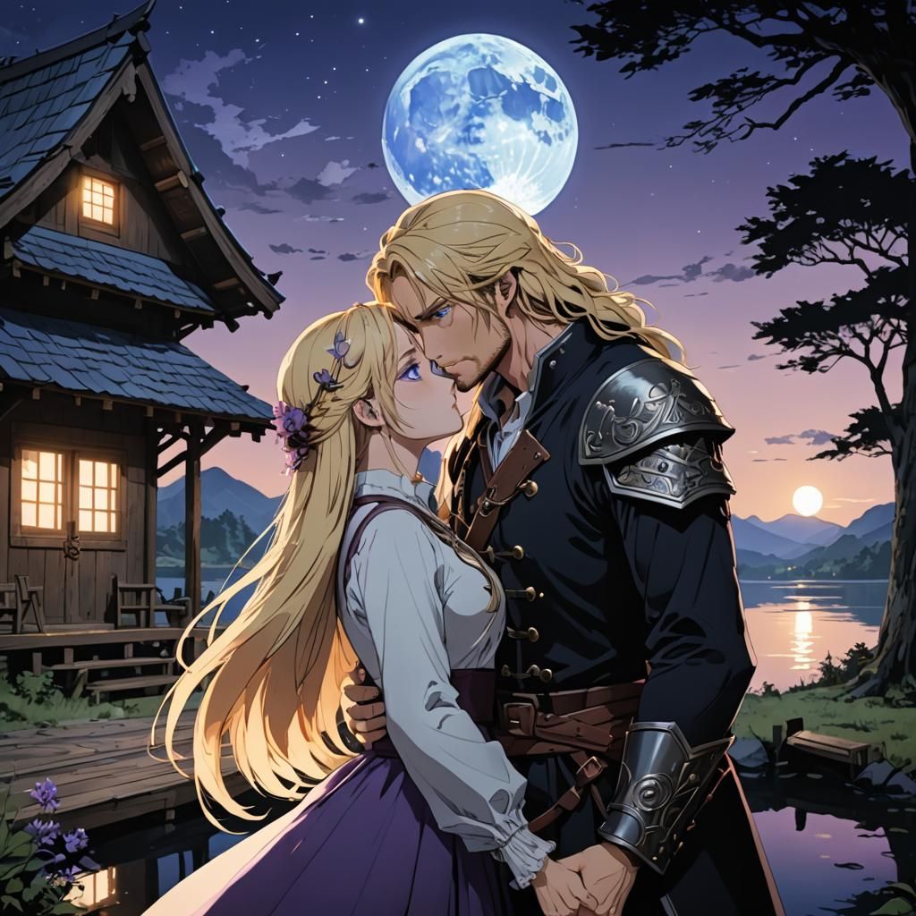 Anime Style Couple Kissing by Lakeside Cabin
