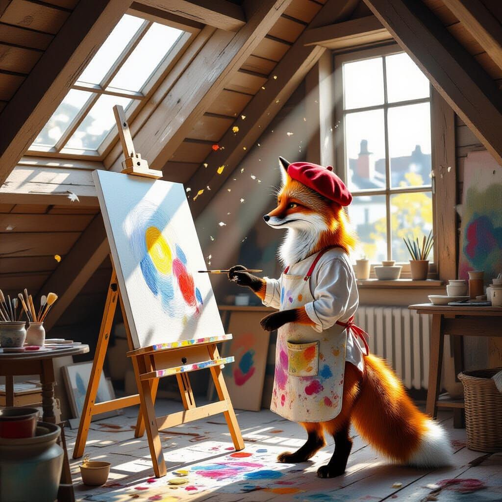 Artistic Fox Painter in Parisian Attic Studio