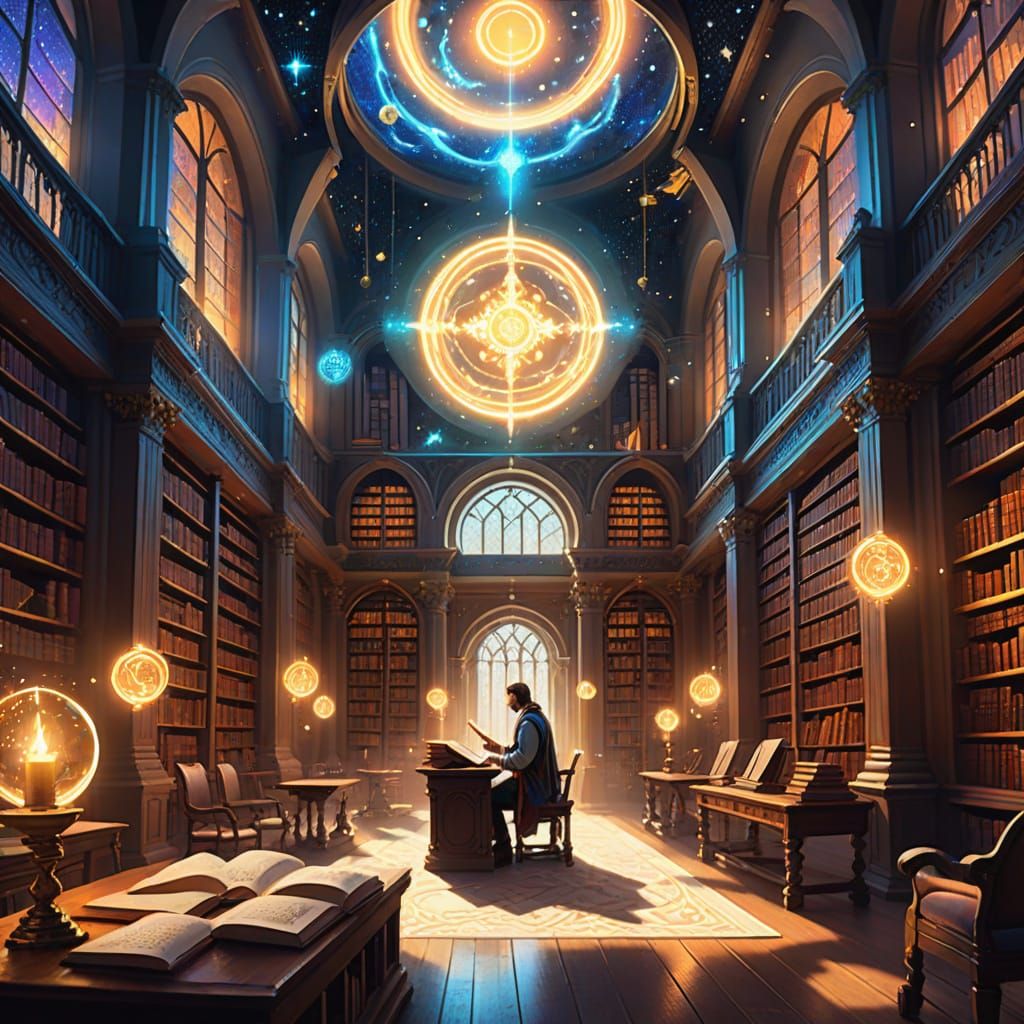 Celestial Library Concept Art: Scholar Studying Ancient Tome...