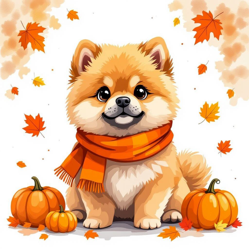 Chow Chow Dog in Autumnal Watercolor Style