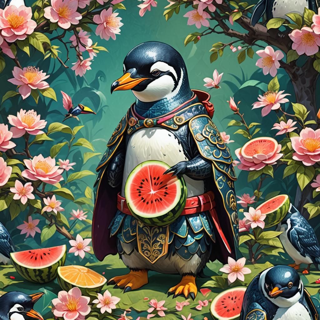 Samurai Penguin Eating Watermelon: Fantasy Concept Art