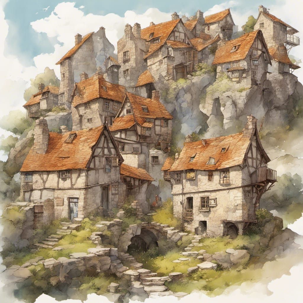 Medieval City Village in Gouache Watercolor Style