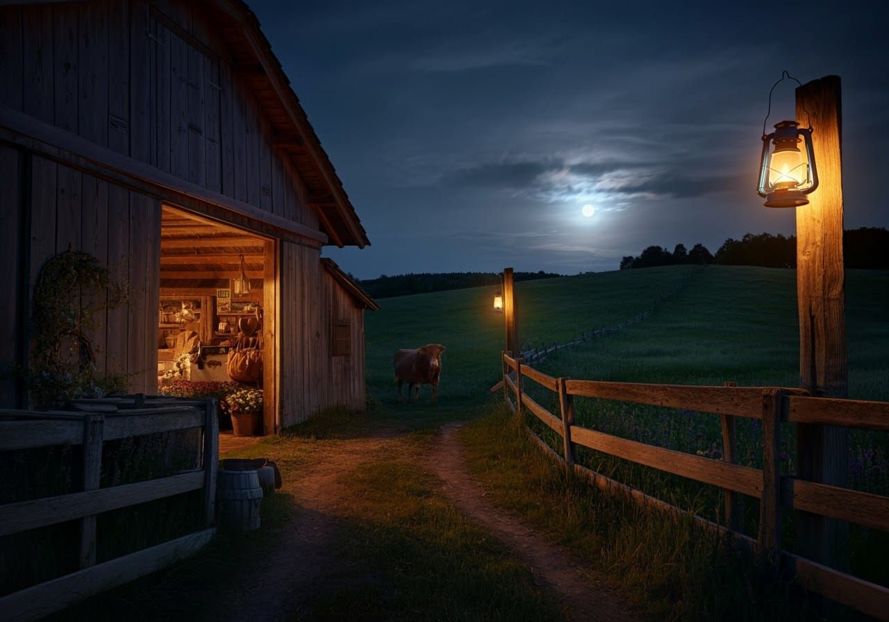Serene Farm at Night, Romantic Landscape