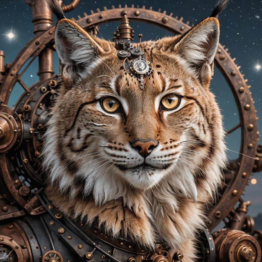 Lynx Smiles in Starlit Steampunk Sky