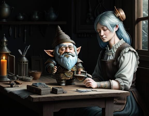 Gnome Repairs Automaton: Dark Fantasy Illustration