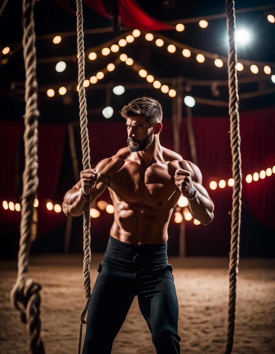 Shirtless Artist Working With Ropes in Old Circus