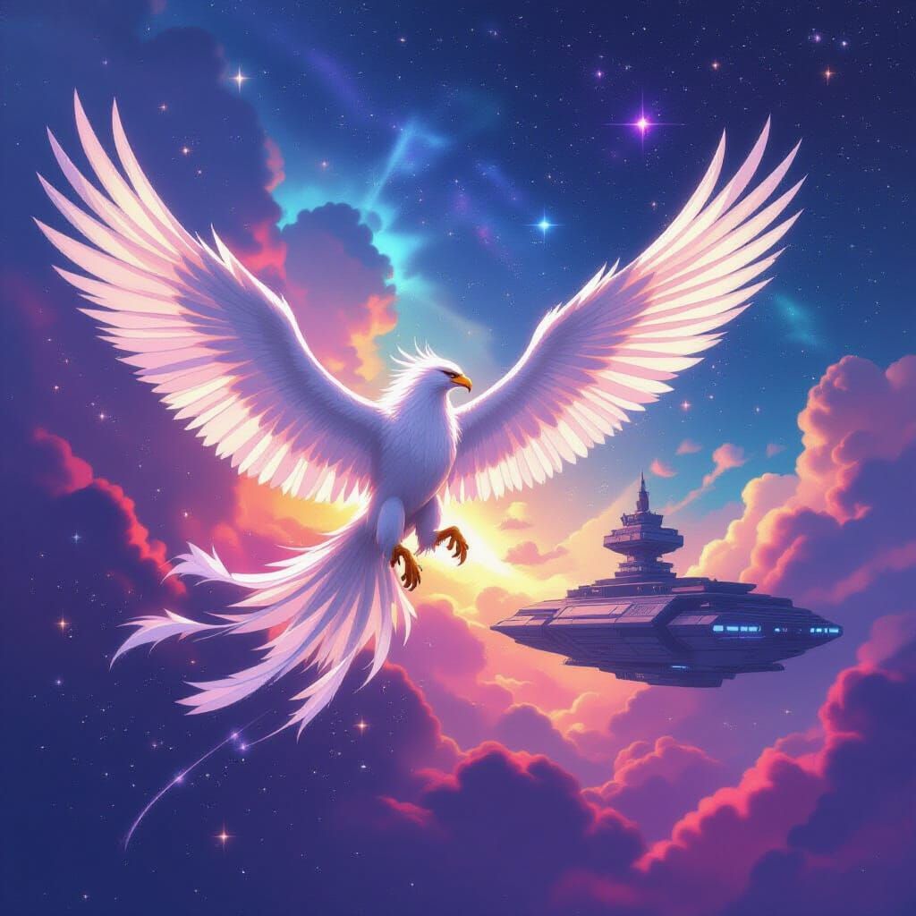 Majestic Griffin Soars Through Nebula Near Ancient Space Sta...