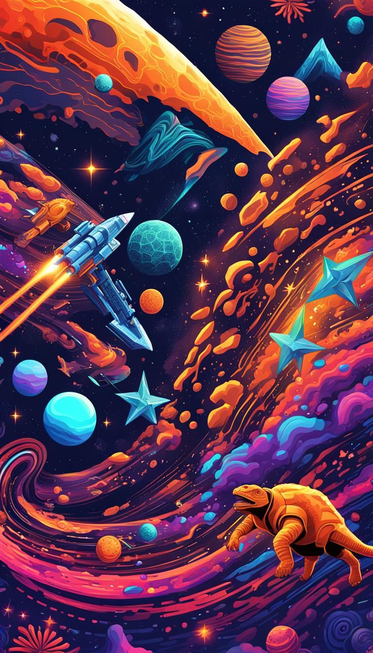 Colorful Future Dinosaurs in Space with Jetpacks