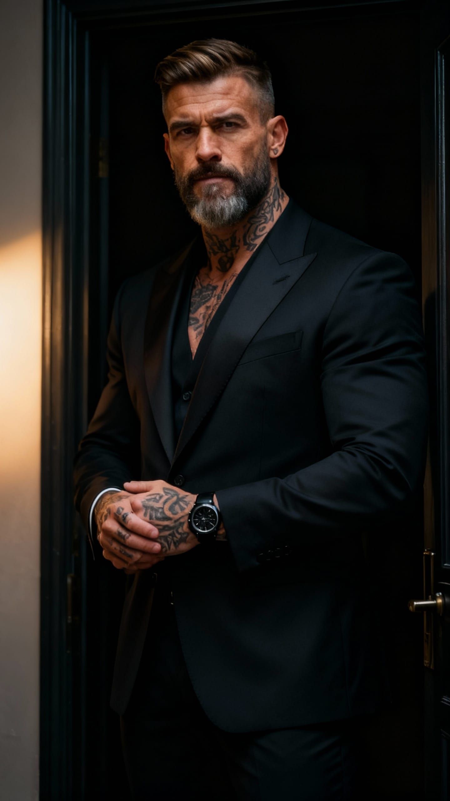 Man in Suit with Tattoos in Moody Doorway