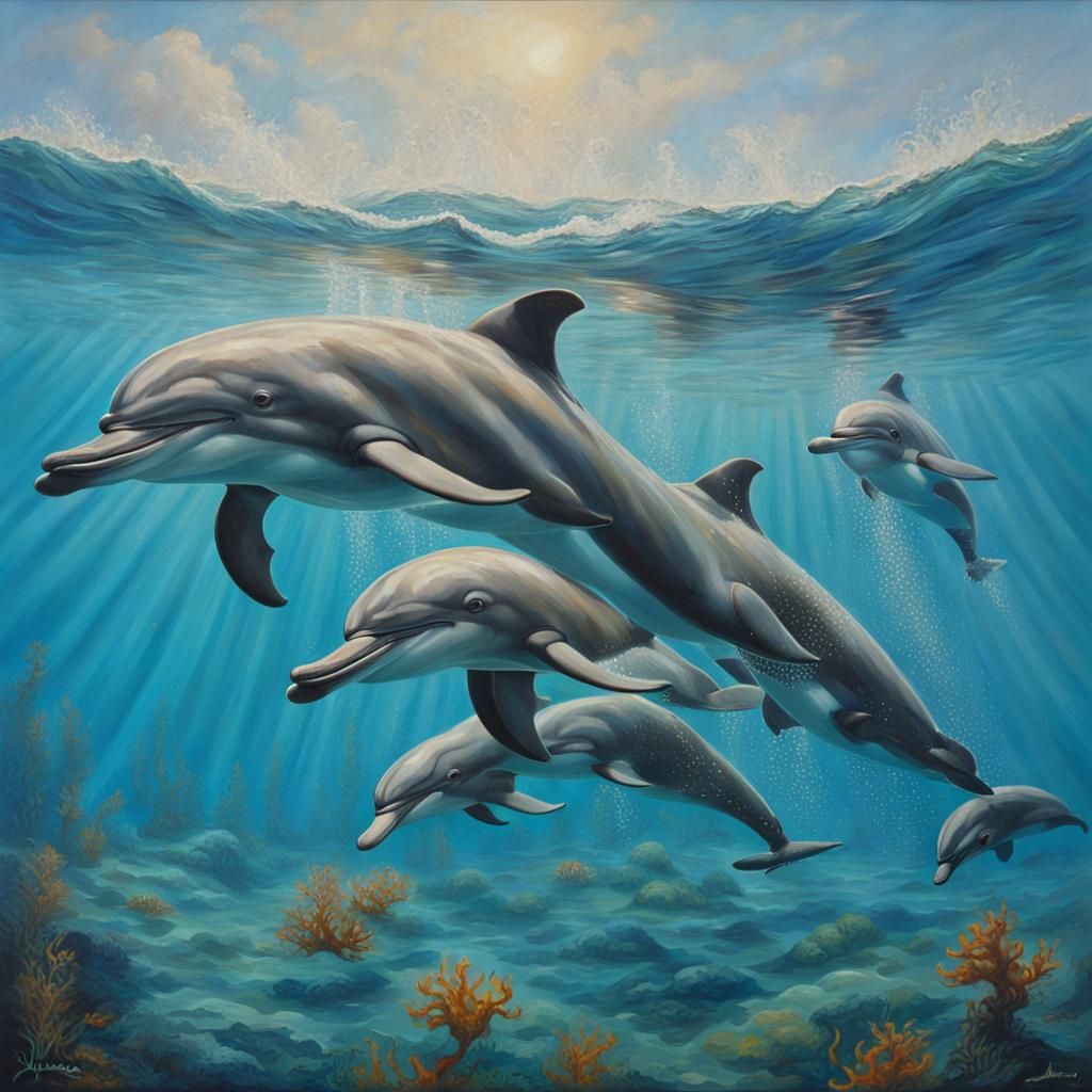 Graceful Dolphins Play in Ocean: Oil Painting